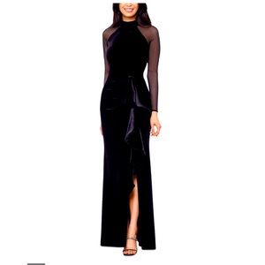 NWT Betsy & Adam Sheer Sleeve long velvet gown with leg slit. Black. Size 12